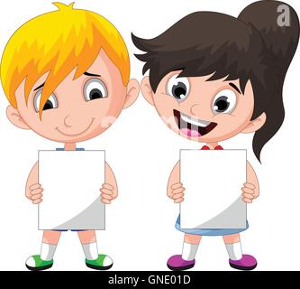 two cute children holding blank sign Stock Vector
