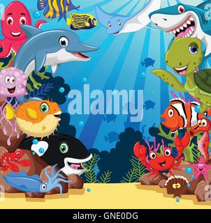funny sea animals cartoon set Stock Vector