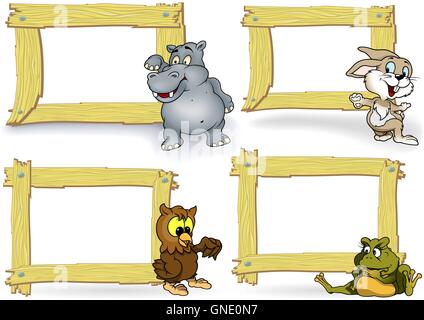 Wood Frame with Cartoon Animal Stock Vector