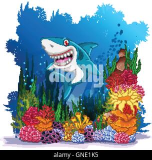 funny shark with sea life background Stock Vector