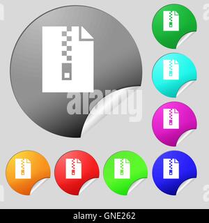 computer zip folder, archive icon sign. Set of eight multi colored round buttons, stickers. Vector Stock Vector