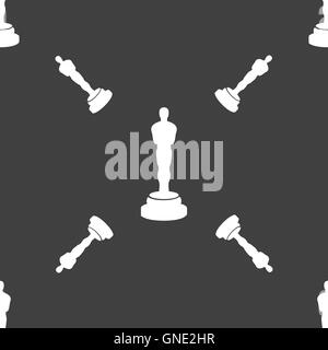 Oscar statuette icon sign. Seamless pattern on a gray background. Vector Stock Vector