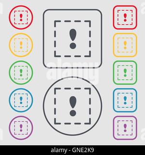 The exclamation point in a square icon sign. symbol on the Round and square buttons with frame. Vector Stock Vector