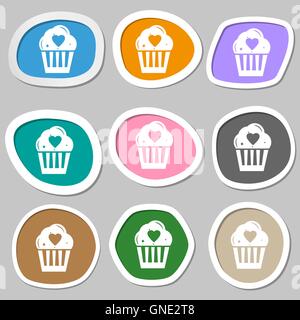 Cute Lovely Cupcake with Heart symbols. Multicolored paper stickers. Vector Stock Vector