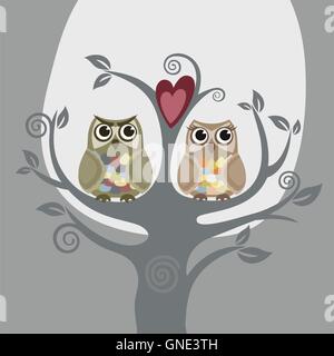 Two owls and love tree Stock Vector