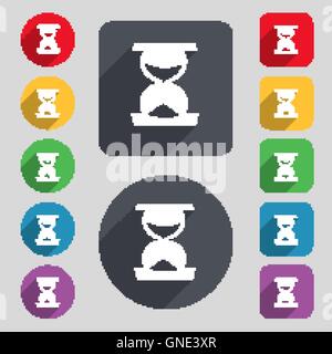 hourglass icon sign. A set of 12 colored buttons and a long shadow. Flat design. Vector Stock Vector