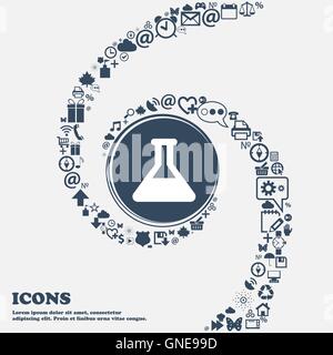 Conical Flask icon sign in the center. Around the many beautiful symbols twisted in a spiral. You can use each separately for yo Stock Vector