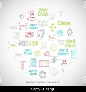 Multicolor doodles Hand Drawing Time Icons set on White. EPS10 vector illustration. Stock Vector