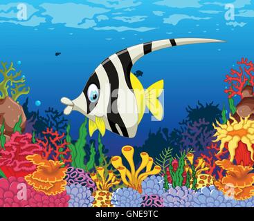 funny black and white angel fish cartoon with beauty sea life background Stock Vector