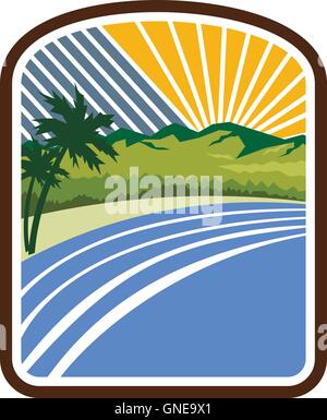 Tropical Trees Mountains Sea Coast Rectangle Retro Stock Vector