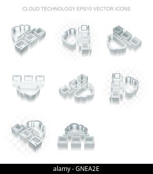 Cloud technology icons set: different views of metallic Cloud Network, transparent shadow, EPS 10 vector. Stock Vector