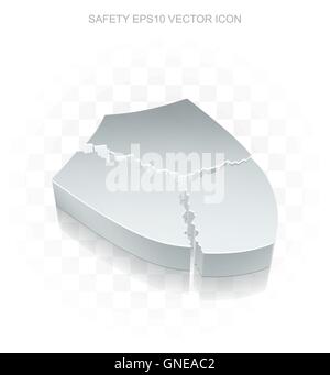 Protection icon: Flat metallic 3d Broken Shield, transparent shadow, EPS 10 vector. Stock Vector