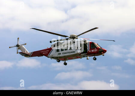 Coastguard SAR Helicopter G-MCGY operated by Bristow Helicopters off the Coast of Cornwall Stock Photo