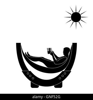 Vector illustration of man resting in a hammock with a book on a white background Stock Vector