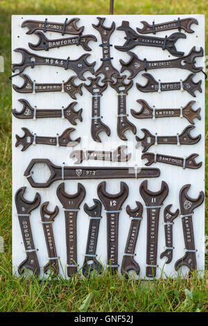 Display of different sized spanners on board at Great Dorset Steam Fair, Tarrant Hinton, Dorset UK in August Stock Photo