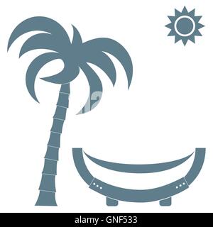 Vector illustration of a hammock under a palm tree and sun on a white background Stock Vector