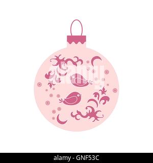 Vector icon Christmas ball with birds and frost patterns on light background. Stock Vector