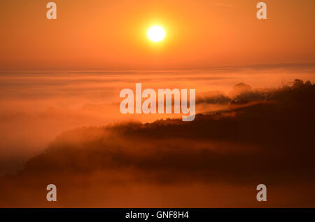 Beautiful sunrise over mist covering the low Weald, from Firle Beacon. Stock Photo