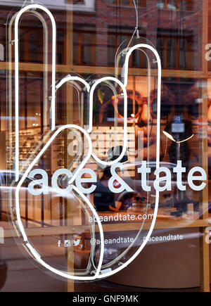 Berlin, Germany. 23rd Aug, 2016. The logo of the Dutch glasses brand 'Ace and Tate' at the flagship store of the brand in Neue Schonhauser Strasse in Berlin, Germany, 23 August 2016. Photo: Jens Kalaene/dpa/Alamy Live News Stock Photo