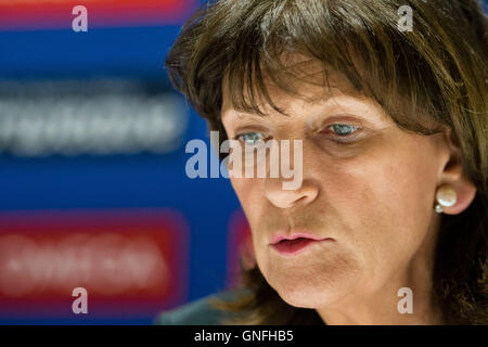 Berlin, Germany. 31st Aug, 2016. The president of the German Swimming Association (DSV), Christa Thiel, speaks at a press conference during the short course World Cup in Berlin, Germany, 31 August 2016. After 16 years as DSV president Thiel announced that she will stand as a candidate for the office again. PHOTO: GREGOR FISCHER/dpa/Alamy Live News Stock Photo