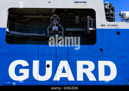 Karlskrona, Sweden - August 27, 2016: Detail of the Swedish Coast Guard ship KBV 003 Amfitrite moored dockside on public open sh Stock Photo