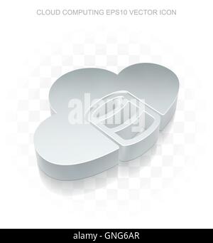 Cloud technology icon: Flat metallic 3d Database With Cloud, transparent shadow EPS 10 vector. Stock Vector