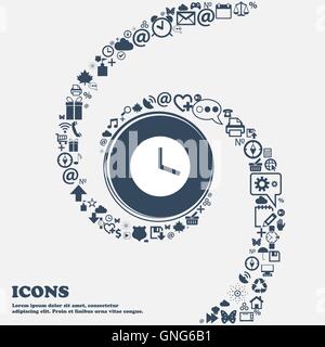 Mechanical Clock icon sign in the center. Around the many beautiful symbols twisted in a spiral. You can use each separately for Stock Vector