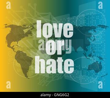 love or hate words on digital touch screen interface vector quotation marks with thin line speech bubble. concept of citation, i Stock Vector