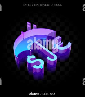 Safety icon: 3d neon glowing Money And Umbrella made of glass, EPS 10 vector. Stock Vector