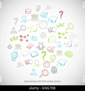 Multicolor doodles Hand Drawn Education Icons set on White. EPS10 vector illustration. Stock Vector