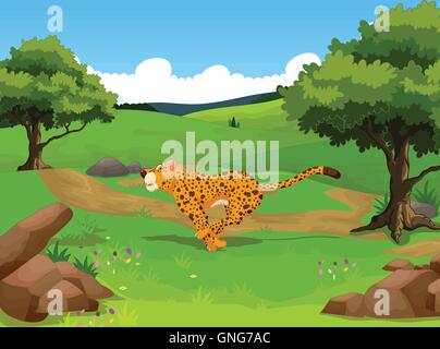 funny cheetah cartoon running with forest landscape background Stock Vector