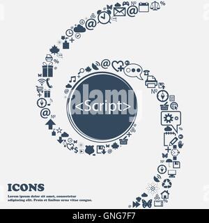 Script sign icon. Javascript code symbol in the center. Around the many beautiful symbols twisted in a spiral. You can use each Stock Vector