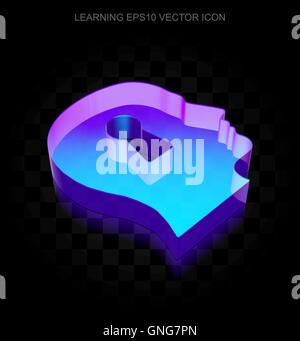 Studying icon: 3d neon glowing Head With Keyhole made of glass, EPS 10 vector. Stock Vector
