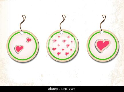 set of round labels with hearts on old paper Stock Vector