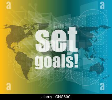 business concept. words set goals on digital touch screen vector quotation marks with thin line speech bubble. concept of citati Stock Vector