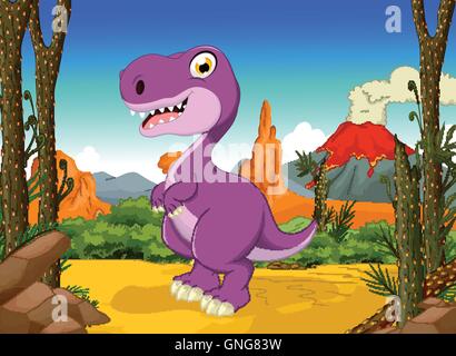 funny tyrannosaurs cartoon with volcano landscape background Stock Vector