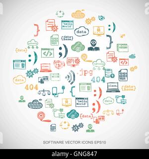Multicolor doodles Hand Drawn Programming Icons set on White. EPS10 vector illustration. Stock Vector