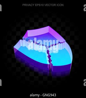 Privacy icon: 3d neon glowing Broken Shield made of glass, EPS 10 vector. Stock Vector