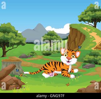 funny baby tiger cartoon in the jungle with landscape background Stock Vector