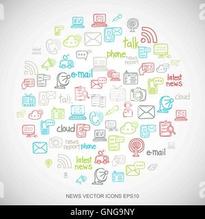 Multicolor doodles Hand Drawn News Icons set on White. EPS10 vector illustration. Stock Vector