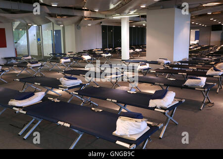 Emergency accommodation for refugees in the Olympic Stadium in Munich, 2014 Stock Photo