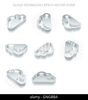 Cloud technology icons set: different views of metallic Cloud, transparent shadow, EPS 10 vector. Stock Vector