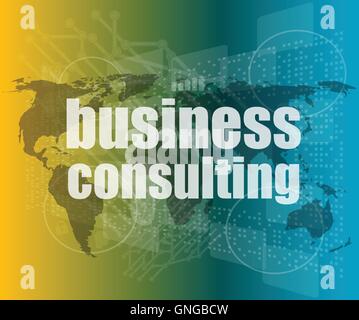 words business consulting on digital screen, business concept vector quotation marks with thin line speech bubble. concept of ci Stock Vector
