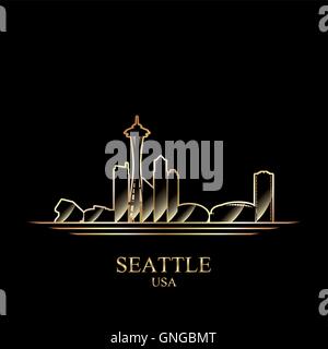 Gold silhouette of Seattle on black background Stock Vector
