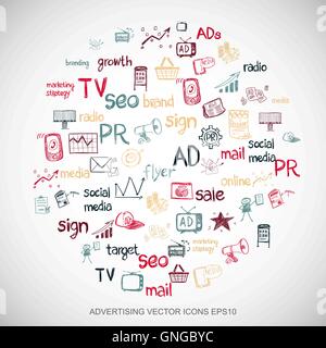 Multicolor doodles Hand Drawn Marketing Icons set on White. EPS10 vector illustration. Stock Vector