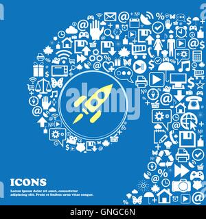 Rocket sign symbol. Nice set of beautiful icons twisted spiral into the center of one large icon. Vector Stock Vector
