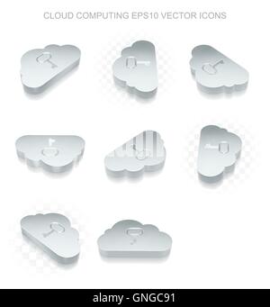 Cloud networking icons set: different views of metallic Cloud With Key, transparent shadow, EPS 10 vector. Stock Vector