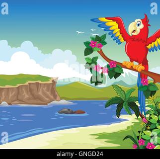 funny red parrot cartoon on a branch with lake background Stock Vector