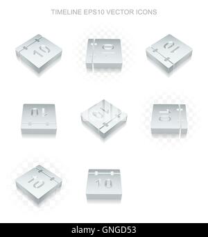 Time icons set: different views of metallic Calendar, transparent shadow, EPS 10 vector. Stock Vector