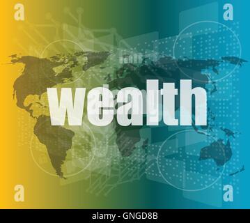 wealth word on digital touch screen interface vector quotation marks with thin line speech bubble. concept of citation, info, te Stock Vector